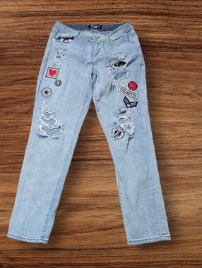 Boom Boom Jeans Y2k Light Blue Straight-Leg Distressed Patched Jeans